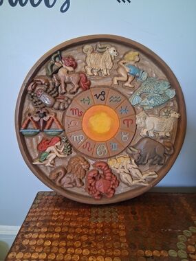 Zodiac Carved Wooden Wall Plaque Decorative Round - Multicolor